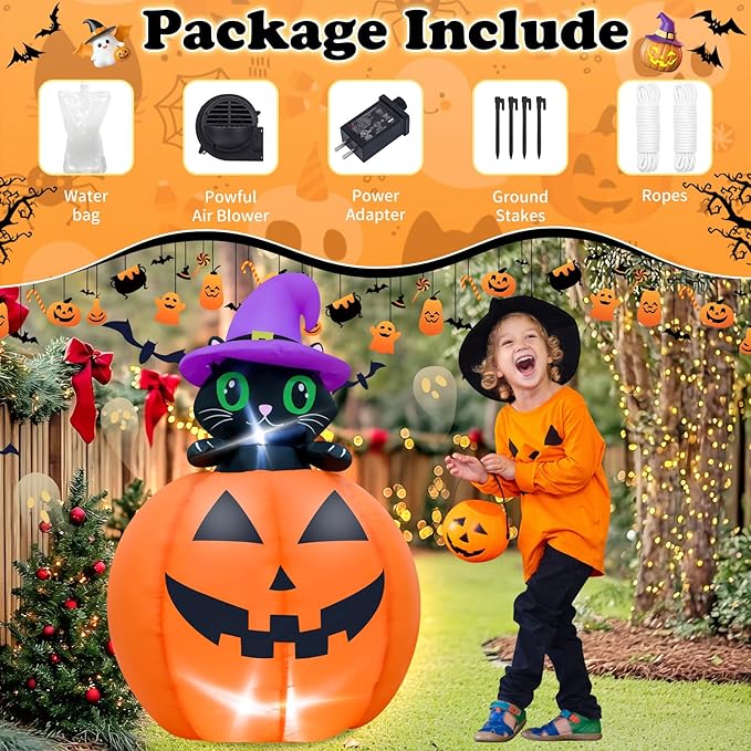 4FT Halloween Inflatable Decor Lifting Cat Pumpkins with LED Lights Indoor Outdoor Blow Up Decoration Halloween Party Holiday Decoration
