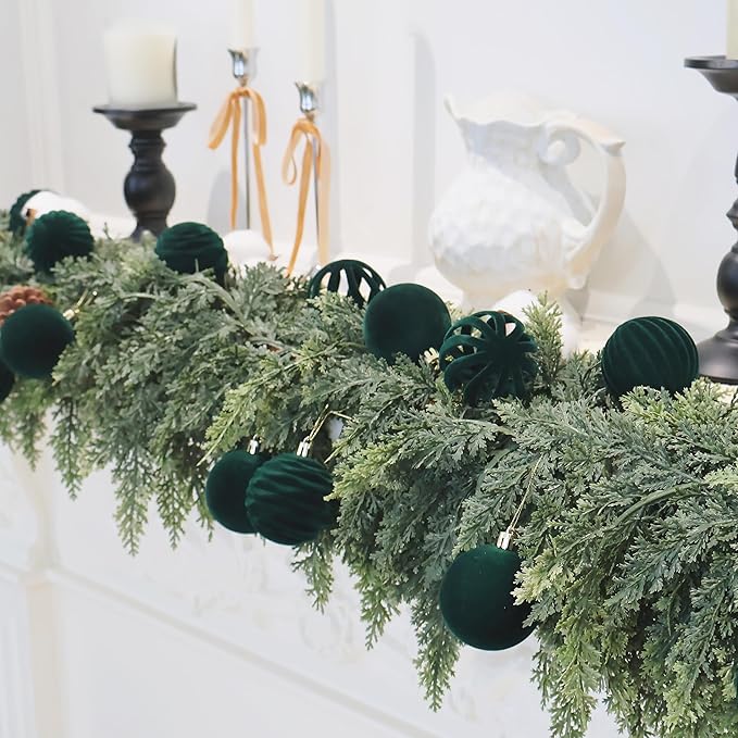 Senjie 3.15 inch Christmas Tree Ornaments Velvet Balls,12PCS Flocked Decoration Balls Ornaments Sets for Christmas 2025 Green
