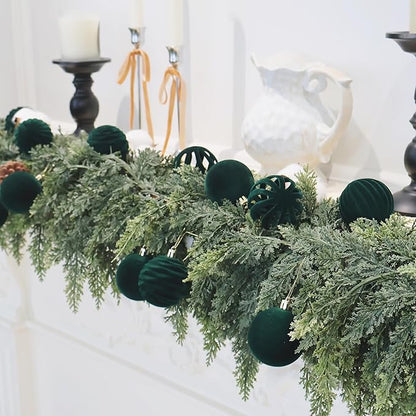 Senjie 9 PCS Velvet Ornaments for Christmas Tree 4inch Flocked Christmas Balls Assortment for Xmas Tree Holiday Decor Deep Green