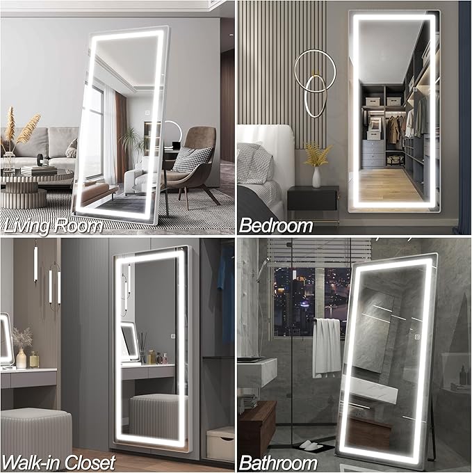 FENNIO Full Length Mirror with Lights, 71"x32" LED Full Body, Free Standing Lighted Floor Mirror, Wall Mounted Hanging Mirror for Bedroom, Salon, 3-Color Lighting [Tempered Glass]