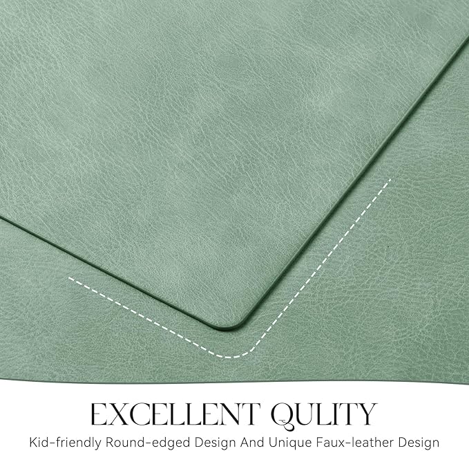 MOSAYT Vinyl Placemats Set of 12-12 X 17 Inch - Faux Leather 100% Waterproof Oil-Proof Wipeable PU Place Mats, Heat Resistant Reversible Table Mats for Kitchen, Dining, Outdoor (Green)