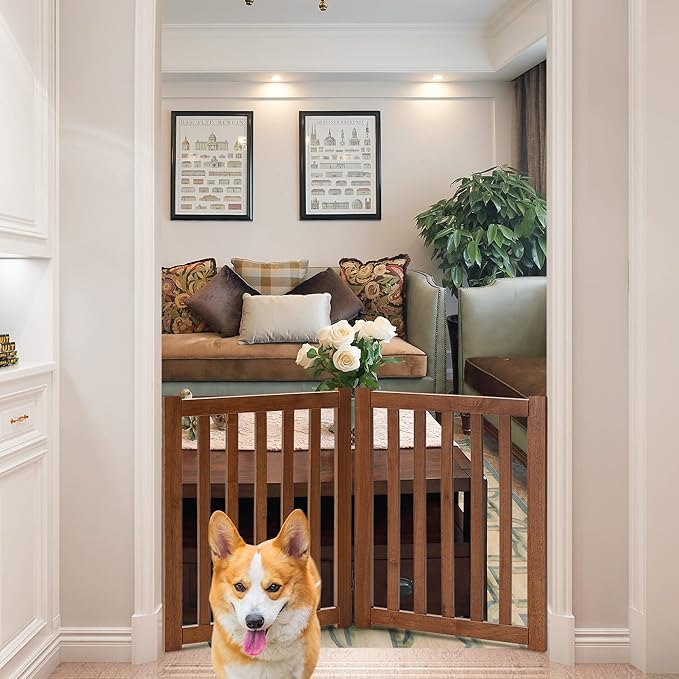 LZRS 2-Panel Wooden Free Standing Foldable Dog Gate – Solid Hardwood 24" High, Step-Over Safety Pet Gate for Doorways, Stairs & Small Spaces - Indoor Use, Oak