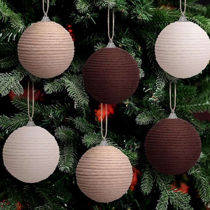 Syhood 6pcs Christmas Ball Ornaments Boho Farmhouse Jute Rope Hanging Xmas Balls Burlap Neutral Rustic Ornaments for Xmas Tree Holiday Wreath Garland (3.15 Inches,White,Beige,Dark Brown)