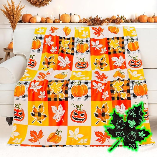 Pumpkin Blanket Checkered Blanket Plaid Glow in The Dark Blanket for Kids Women Fall Blanket Halloween Decorations for Room