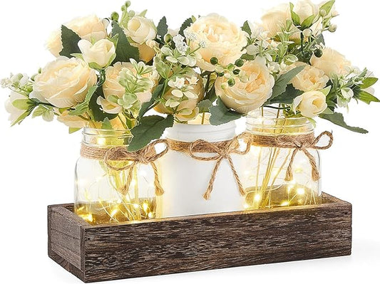 Mkono Mason Jar Lights Centerpiece Table Decor for Dining Room Farmhouse Wood Tray with 3 Jars Flowers Summer Decoration for Coffee Table Kitchen Living Room Wedding