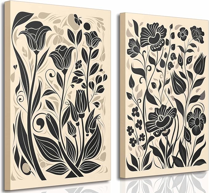 2 Pcs Boho Abstract Floral Canvas Wall Art Modern Minimalist Neutral Beige and Black Floral Botanical Wall Decor Poster Print Artwork for Living Room Bedroom Office Home Decoration