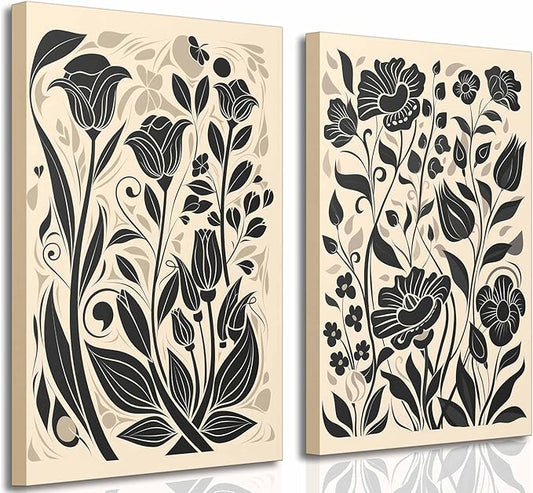 2 Pcs Boho Abstract Floral Canvas Wall Art Modern Minimalist Neutral Beige and Black Floral Botanical Wall Decor Poster Print Artwork for Living Room Bedroom Office Home Decoration