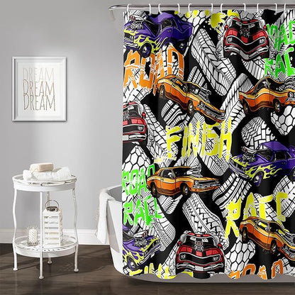 AILONEN Racing Car Shower Curtain for Bathroom Decor,Cool Racer Bath Curtain for Kids Boys Teens,Graffiti Printed Curtain Waterproof with 12 Plastic Hooks, 72" W x 84" H