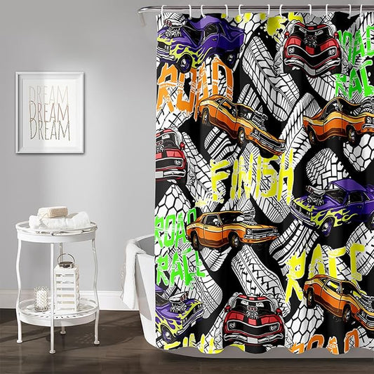 AILONEN Racing Car Shower Curtain for Bathroom Decor,Cool Racer Bath Curtain for Kids Boys Teens,Graffiti Printed Curtain Waterproof with 12 Plastic Hooks, 60" W x 72" H