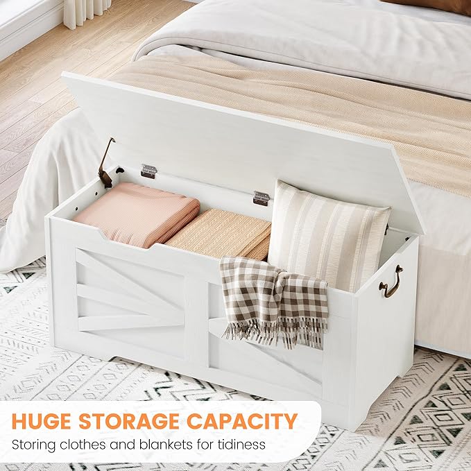 IDEALHOUSE 39.4" Toy Chest, Large Storage Chest with Safety Hinge, Kids Wooden Toy Box with Lid, Supports 350 lbs, Storage Bench Trunk for Entryway, Living Room, Bedroom, White