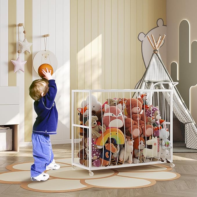 BBLIKE Stuffed Animal Storage Tower Rolling Cart - Zoo Cage Organizer for Kids' Plush Toys - Extra Large Storage Holder for Stuffy, Plushies & More in Playroom or Bedroom, 214L, White