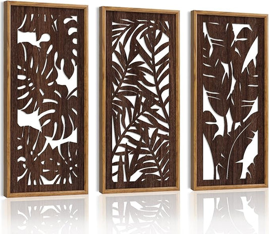 HPNIUB 3PCS Tropical Wall Decor, Rustic Palm Leaf Wooden Sign for Bathroom, Vintage Leaf Plant Hanging Wood Plaque Wall Art Nature Picture for Home Office Living Room Decoration(8x16Inch)