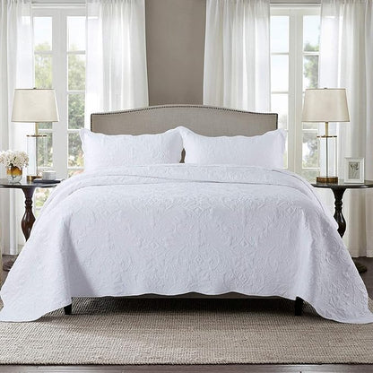 HoneiLife Quilt Set Queen Size - 3 Piece Embroidered Microfiber Bedspread Reversible Coverlet Lightweight Bedcover Paisley Pattern Bedding Set All Season Quilts-White