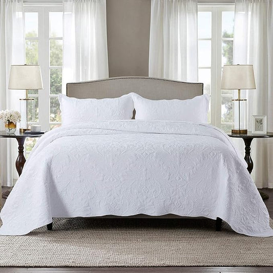 HoneiLife Quilt Set Queen Size - 3 Piece Embroidered Microfiber Bedspread Reversible Coverlet Lightweight Bedcover Paisley Pattern Bedding Set All Season Quilts-White