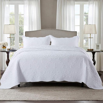 HoneiLife Quilt Set King Size - 3 Piece Embroidered Microfiber Bedspread Reversible Coverlet Lightweight Bedcover Paisley Pattern Bedding Set All Season Quilts-White