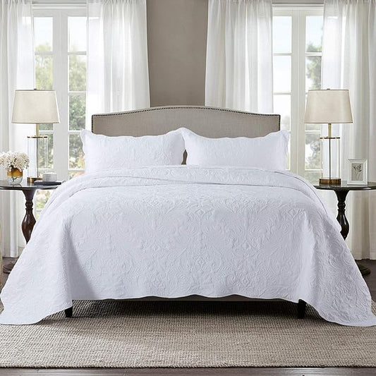 HoneiLife Quilt Set King Size - 3 Piece Embroidered Microfiber Bedspread Reversible Coverlet Lightweight Bedcover Paisley Pattern Bedding Set All Season Quilts-White