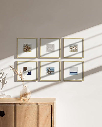 HAUS AND HUES 8x8 Gold Metal Picture Frames Matted to 4x4 - Features Premium Aluminum & Hanging Hardware, Shatterproof Plexiglass - Ideal for Home, Room, Office (8x8 in, Gold, Set of 15)