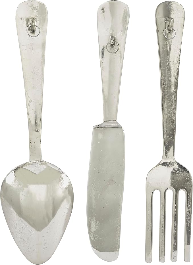 Deco 79 Aluminum Metal Utensils Home Wall Decor Knife, Spoon and Fork Wall Sculpture, Set of 3 Wall Art 23", 23", 23" H, Silver