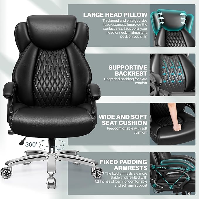 Big and Tall Office Chair, 500lbs Capacity, Black Leather, High Back, Extra Wide Seat, Ergonomic, Adjustable Lumbar Support, Metal Base & Wheels, Black