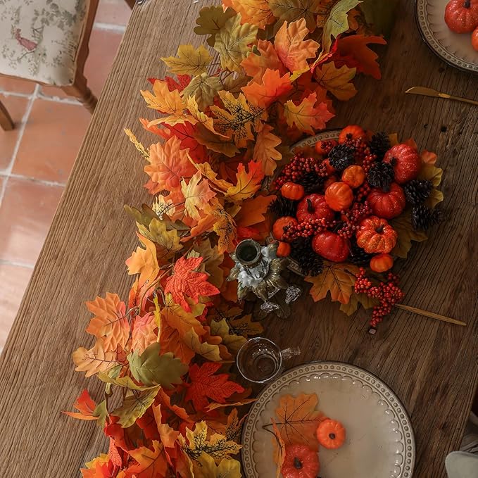 PARTY JOY 6PCS Orange Leaf Garland, 5.6Ft Halloween Garland Artificial Maple Leaf Autumn Hanging Fall Vines Thanksgiving Decorations Fall Decor