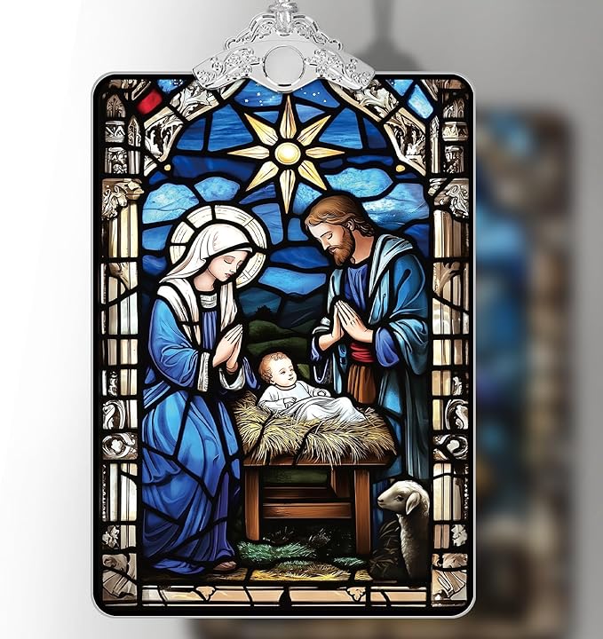 Nativity Scene Stained Glass Ornament, 2025 Christmas Tree Hanging Decoration for Gift Exchange or Religious Holiday Display, 3.8 x 2.4 Inch