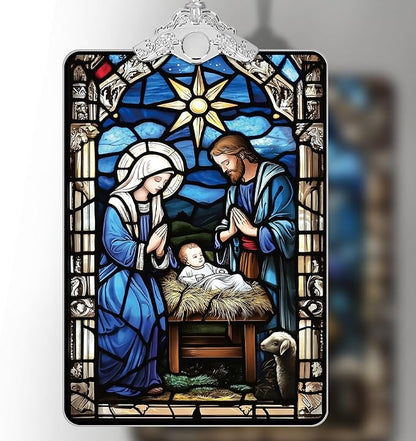 Nativity Scene Stained Glass Ornament, 2025 Christmas Tree Hanging Decoration for Gift Exchange or Religious Holiday Display, 3.8 x 2.4 Inch