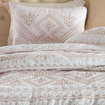 mixinni 3 Pieces Queen Size Comforter Set Gold Embroidery Pattern Printed Soft Cotton White Quilt Set-Queen Size