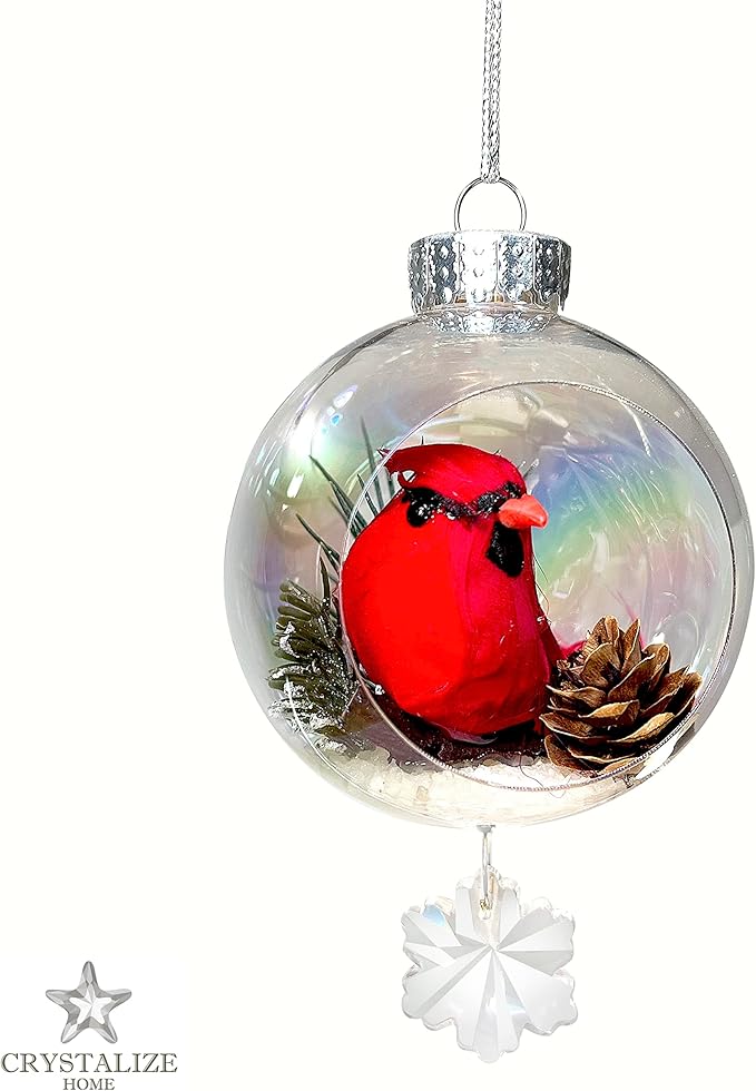 Cardinal Christmas Ornament - Handmade Shatterproof Decorations for Indoor Outdoor Xmas Tree - Clear Ball Ornaments with Magnetic Crystal - Great Gift or Stocking Stuffer for Mom, Sister, Friend