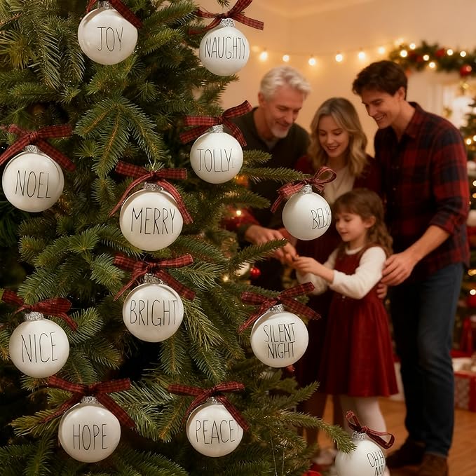 Christmas Decoration, White Christmas Ornament with Buffalo Plaid Bows, Christmas Tree Decor, Set,12PCS