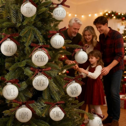 Christmas Decoration, White Christmas Ornament with Buffalo Plaid Bows, Christmas Tree Decor, Set,12PCS