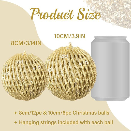 3.15" Christmas Ball Ornaments Glitter Shatterproof Christmas Tree Ornaments Sequin Xmas Hanging Balls Decorations for Wedding Party Holiday(Gold, 12pc-8cm)