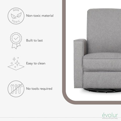 Evolur Raleigh Upholstered Plush Seating Glider Swivel, Rocker, Recliner, Glider for Nursery in Light Grey, Greenguard Gold Certified, Modern Nursery Recliner, Environmentally Conscious Glider