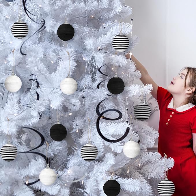 Syhood 9 Pcs 2.36 Inch Christmas Ball Ornaments Boho Farmhouse Jute Rope Hanging Balls Burlap Neutral Rustic Ornaments for Xmas Tree Holiday Wreath Garland Wedding Home(Black, White, Black and White)