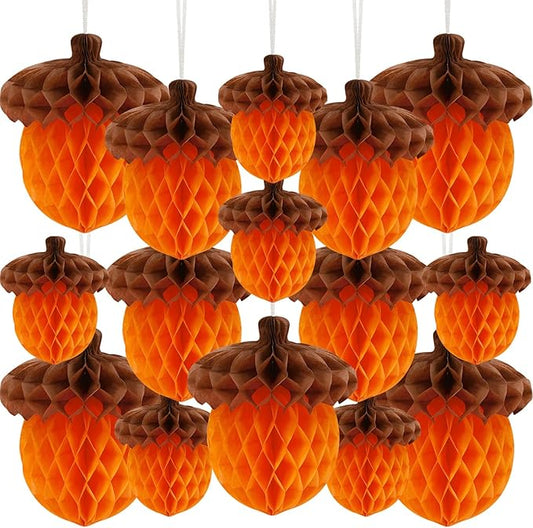 15Pcs Fall Acorn Honeycomb Decorations, Thanksgiving Paper Honeycomb Hanging Ornaments for Autumn Tree Party Favor Supplies Home Decor