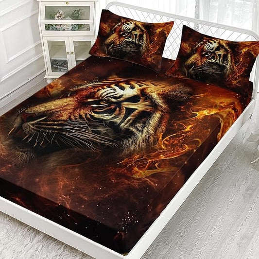 AILONEN Tiger Fitted Sheet Set Full Size, 3D Fire Animal Tiger Bed Sheet Wildlife Sheet Set,Teen Boys 3 Pieces Printed Safari Tiger Fitted Sheet with 2 Pillowcases