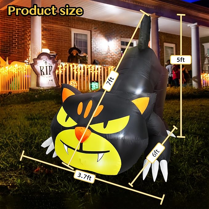 7FT Dia Halloween Inflatable Black Cat with Build-in LED Lights, Blow up Black Cat Inflatable Outdoor Indoor Decoration Large Party Yard Decoration