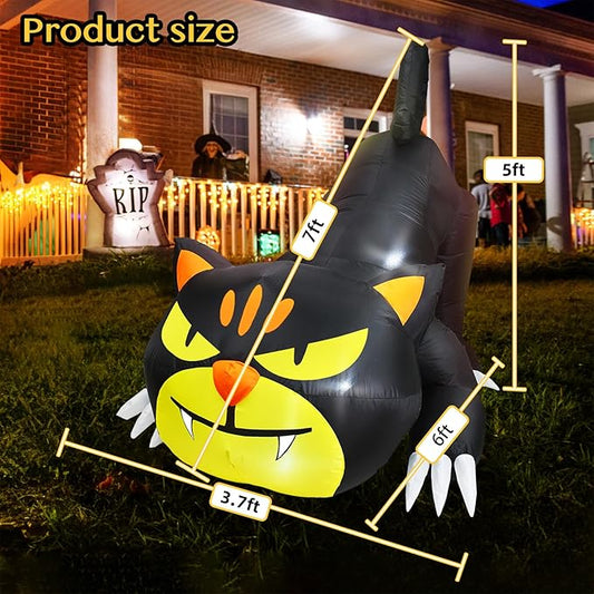 7FT Dia Halloween Inflatable Black Cat with Build-in LED Lights, Blow up Black Cat Inflatable Outdoor Indoor Decoration Large Party Yard Decoration