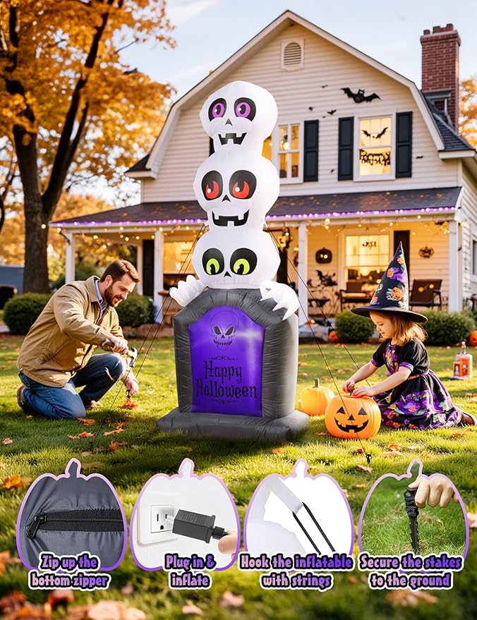 Halloween Inflatables Outdoor Decoration, Pumpkin/Tombstone/Black Cat/Ghost Tree, Cute Blow Up Yard Decor, for Outside Garage Door Graveyard Yard Porch Lawn (6.5FT Ghost+Tombstone)