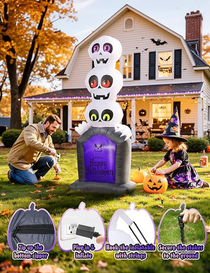 Halloween Inflatables Outdoor Decoration, Pumpkin/Tombstone/Black Cat/Ghost Tree, Cute Blow Up Yard Decor, for Outside Garage Door Graveyard Yard Porch Lawn (6.5FT Ghost+Tombstone)