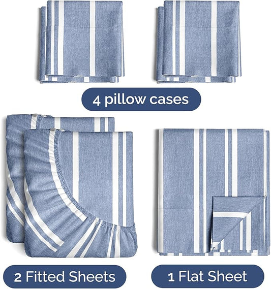 CGK Linens Split King 7 Piece Sheet Set - Cooling Sheets for Hot Sleepers - Hotel Luxury Bedding Set w/ 8-16 Inch Deep Pockets - 1 Flat & 2 Fitted & 4 Pillowcases - Soft & Wrinkle Free - Beige Stripes