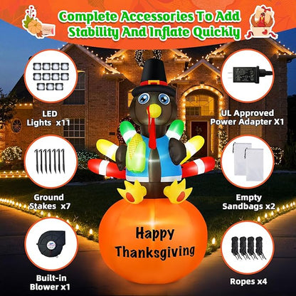 B&D 8FT Thanksgiving Inflatables Turkey Sitting on Pumpkin, Blow up Turkey Thanksgiving Decorations Outdoor Built-in LEDs Autumn Fall Harvest Decorations for Holiday Yard Lawn Garden Patio Decor