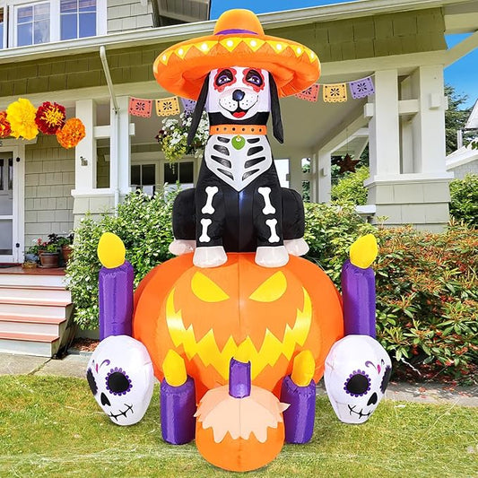 DomKom Halloween Inflatable Blow Up Decorations, Dia de Los Muertos 6FT Day of Dead Catrina Dog with Pumpkin and Candles, Built-in LEDs for Holiday Party, Garden, Lawn, Yard, Patio Décor
