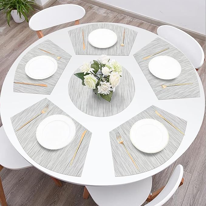 SHACOS Wedge Placemats Set of 8 Woven Vinyl Placemats for Round Table Place Mats Wipe Clean Non Slip Table Mats, Gray White