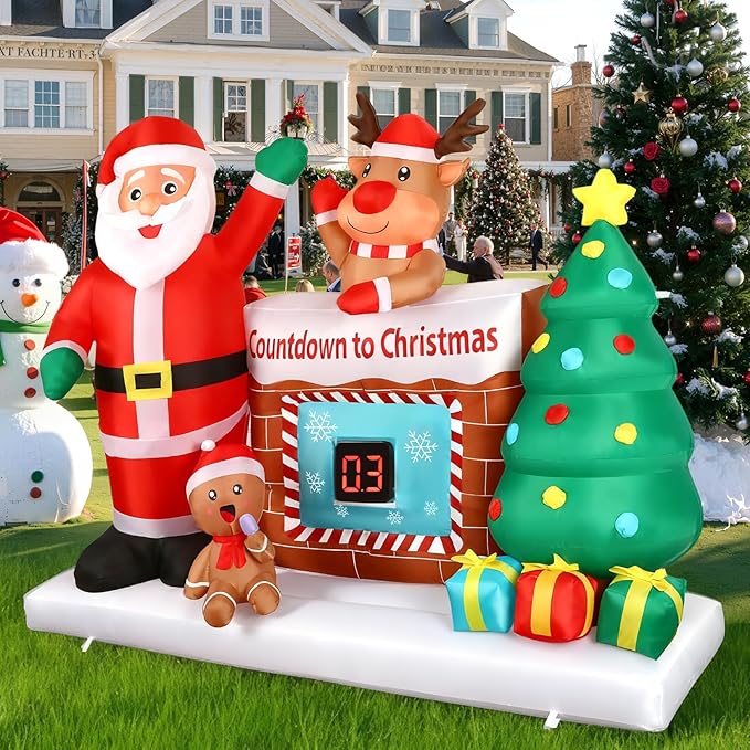Alupssuc 8FT Christmas Inflatable Outdoor Decorations with LED Countdown Clock, Snowman Santa, Deer and Christmas Tree Lighted Blow Up Lawn Yard Clearance for Indoor Xmas Holiday Party Decor