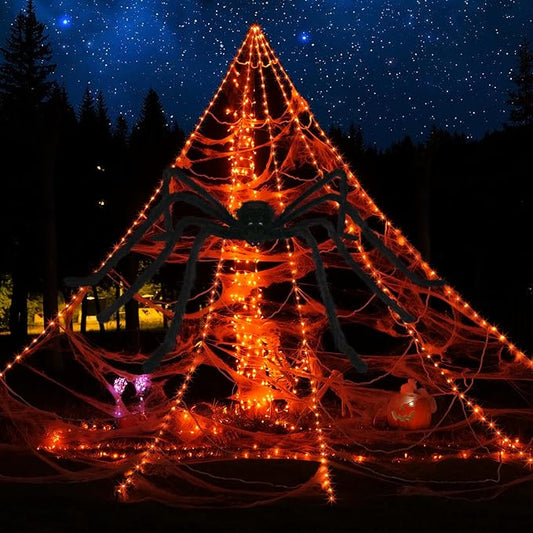 Halloween Spider Web Lights Decoration 250LED Light up Spider Webs Halloween Decorations Outdoor with 59" Large Spider & 3.53oz Stretch Cobweb 16.4Ft Giant Web with 8 Modes, Orange