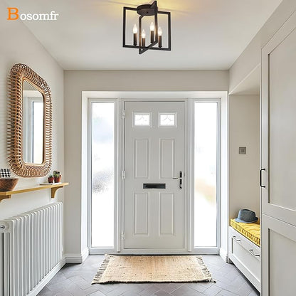 Semi Flush Mount 4-Light Black Ceiling Light, Modern Farmhouse Industrial Light with Geometric Metal Shade, Kitchen, Hallway, Bathroom