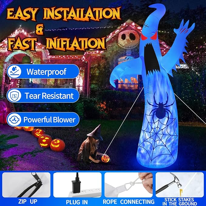 12FT Halloween Inflatables Decoration Giant Ghost with 3-Colored Flame Rotation LED Light Spooky Halloween Decorations Outdoor Blow Up Yard Decorations for Home Lawn Holiday Party