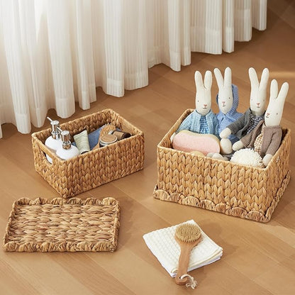 FairyHaus Wicker Basket with Lid, Scalloped Wicker Storage Basket with Removable Tray Lid, Handwoven Natural Water Hyacinth Bakests with Handles for Nursery 2Pack, 15 x 11.22 x 7 & 13 x 9.45 x 5.9