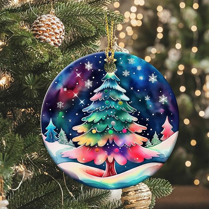 A Colorful Christmas Tree Ornament Round Ceramic Ornament Star Snowflake Xmas Keepsake for Christmas Tree Winter Holiday Xmas Gift for Women Men Xmas Hanging Ornament 3"