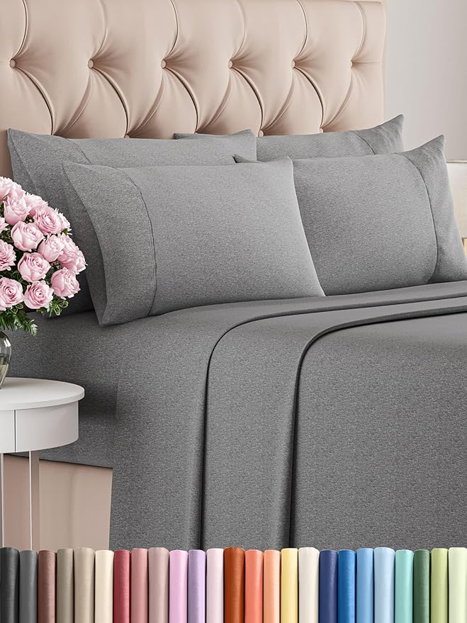 CGK Linens King 6 Piece Sheet Set - Cooling Sheets for Hot Sleepers - Hotel Luxury Bedding Set with 8-16 Inch Deep Pockets - 1 Flat & 1 Fitted & 4 Pillowcases - Soft and Wrinkle Free - Heathered Grey